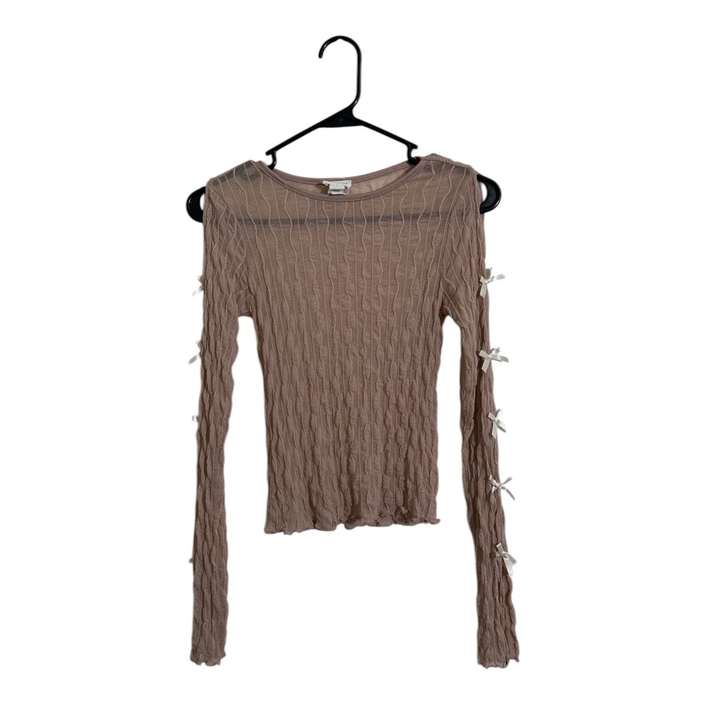Full Tilt Dusty Rose Textured Mesh Slit Bow Accent Top Balletcore Women's Large